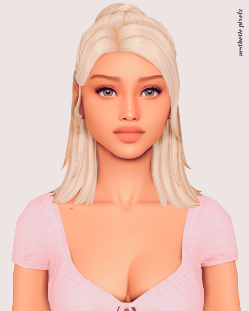 a sims 4 blonde female sim wearing a custom content hair