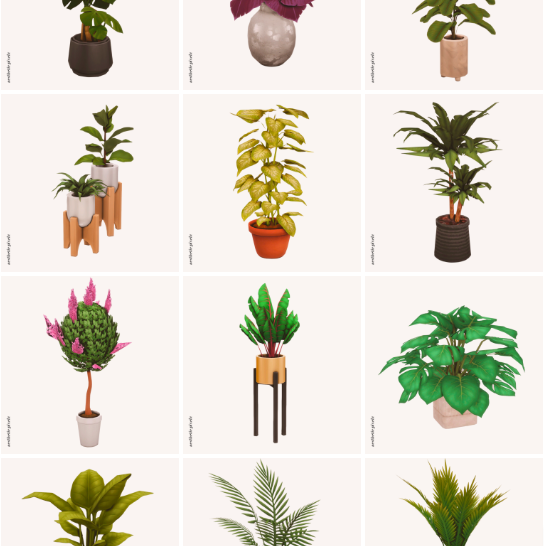 a lookbook of different custom content floor plants in the sims 4