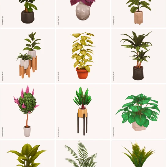 a lookbook of different custom content floor plants in the sims 4