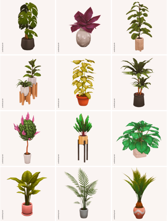 a lookbook of different custom content floor plants in the sims 4