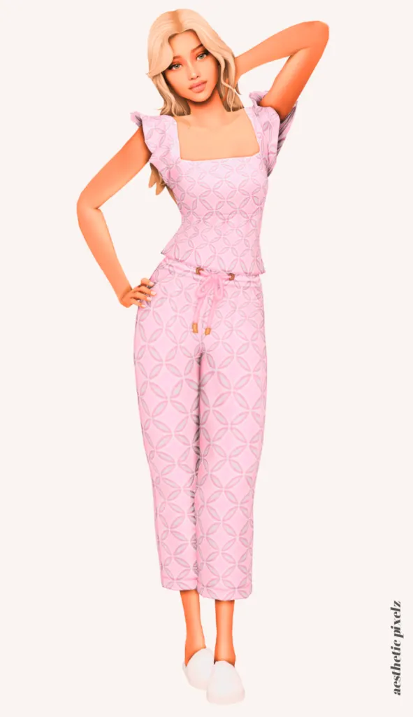 a female sim wearing custom content pajamas