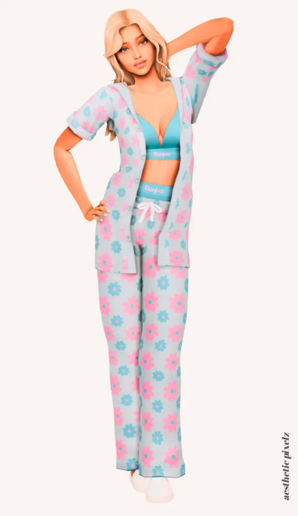 a female sim wearing custom content pajamas