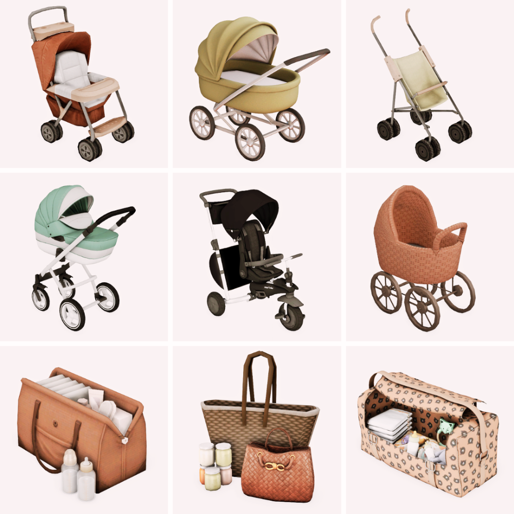 sims 4 baby cc lookbook with strollers and diaper bags