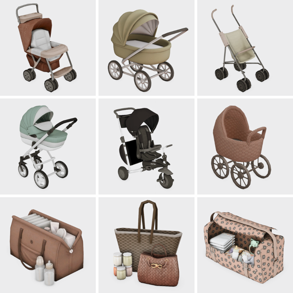 sims 4 baby cc lookbook with strollers and diaper bags